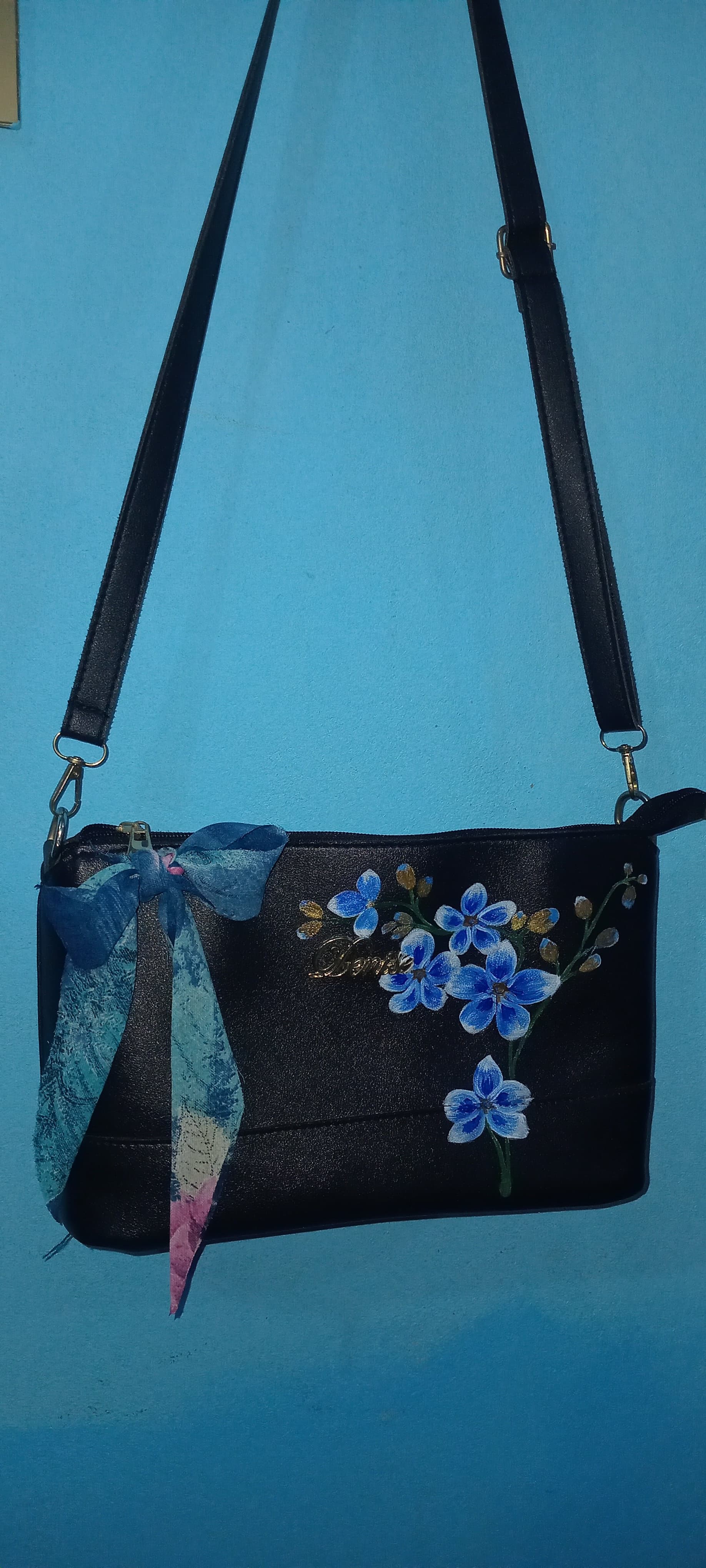 Premium Hand-Painted Floral Sling Bag – Elegant Blue Blossom Design thumbnail 1