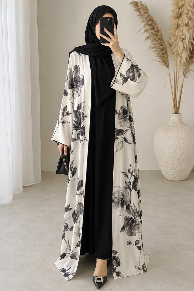 Elegant Black & White Floral Open Abaya. thumbnail 1