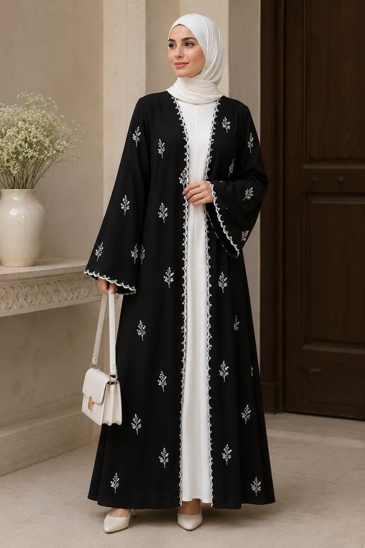 Elegant Black & White Floral Open Abaya. thumbnail 2