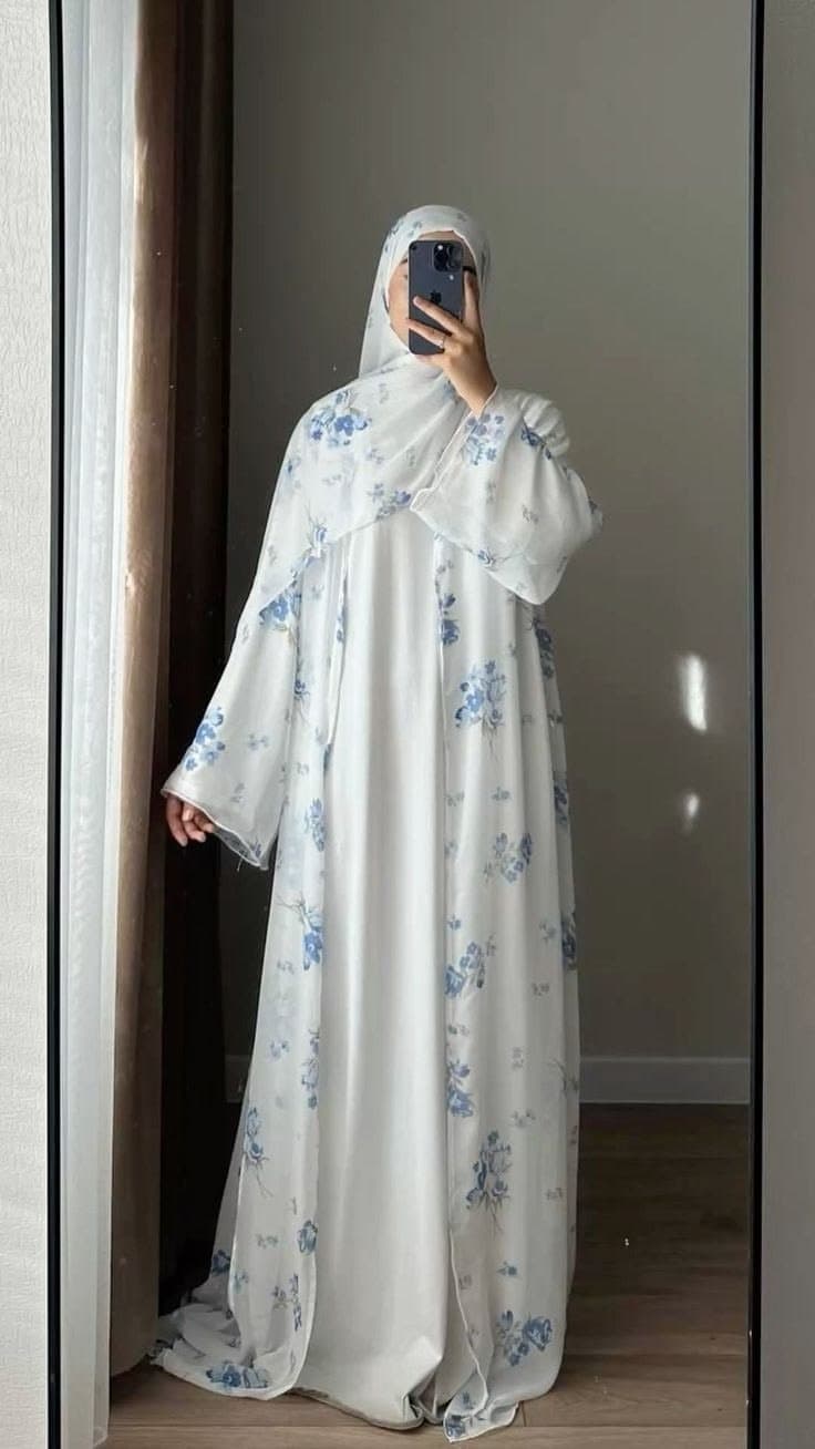 Elegant Black & White Floral Open Abaya. thumbnail 3