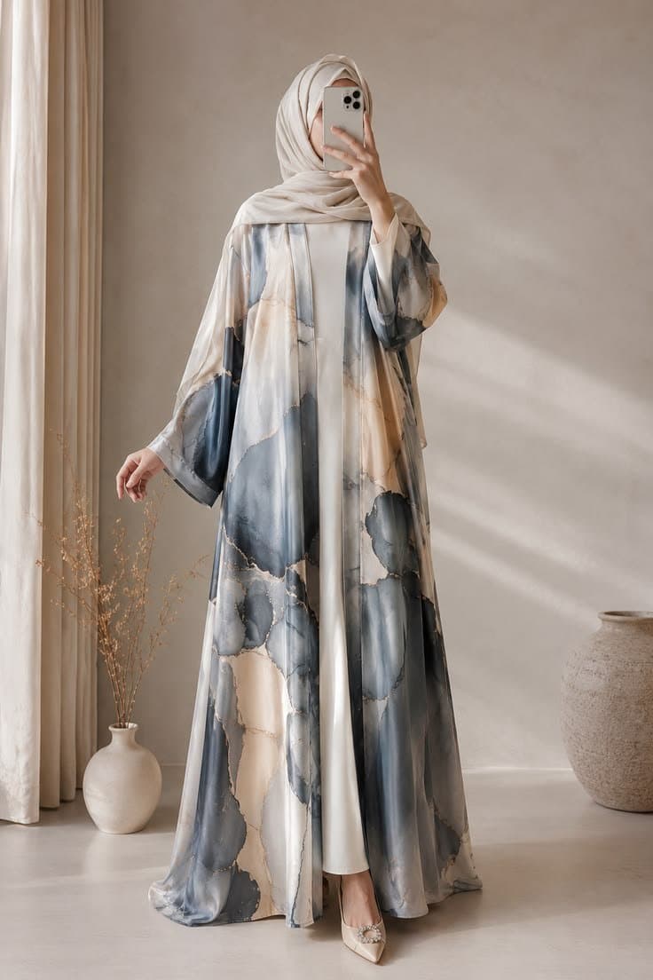 Elegant Black & White Floral Open Abaya. thumbnail 4