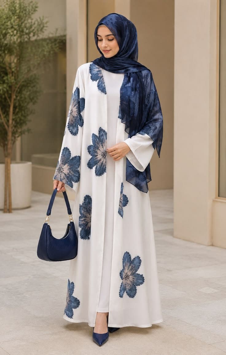 Elegant Black & White Floral Open Abaya. thumbnail 5