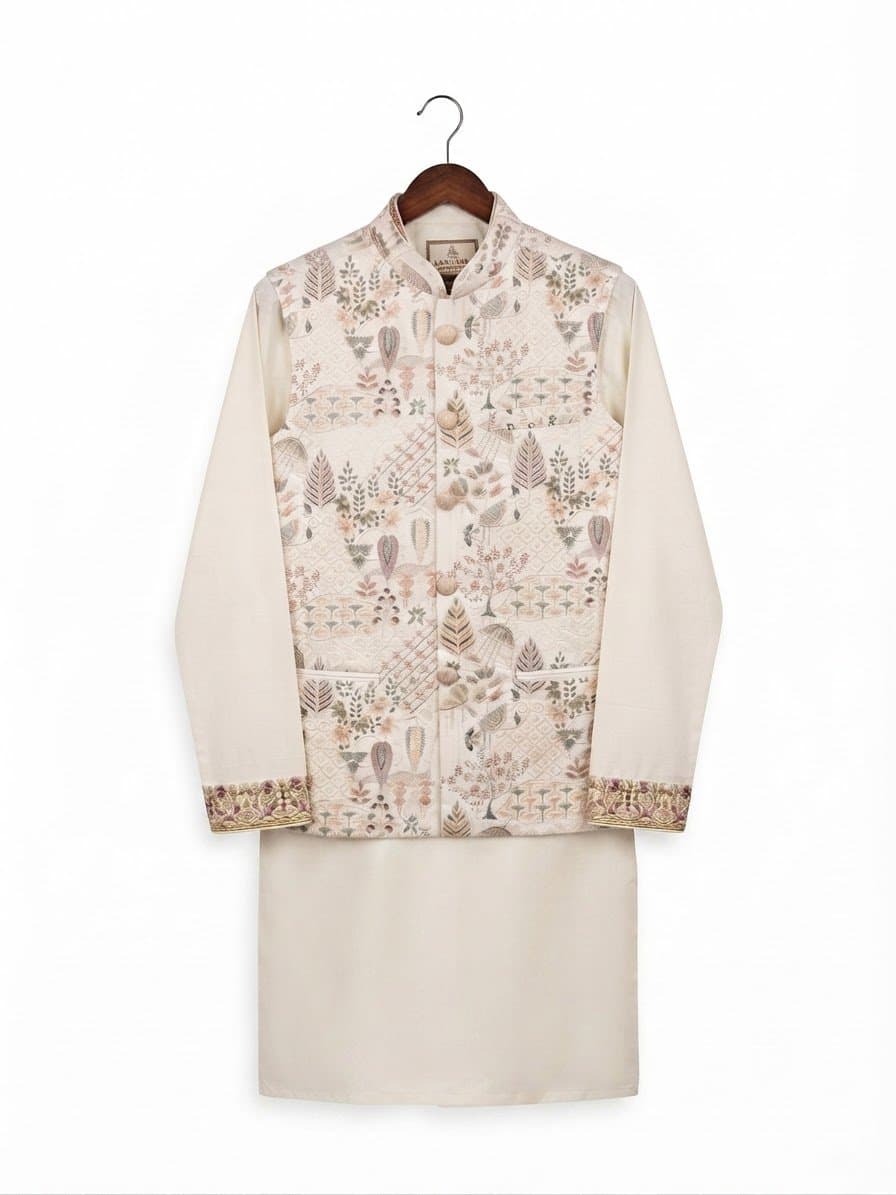 Premium Off-White Embroidered Panjabi and Koti Set with Pure Cotton Fabric thumbnail 1