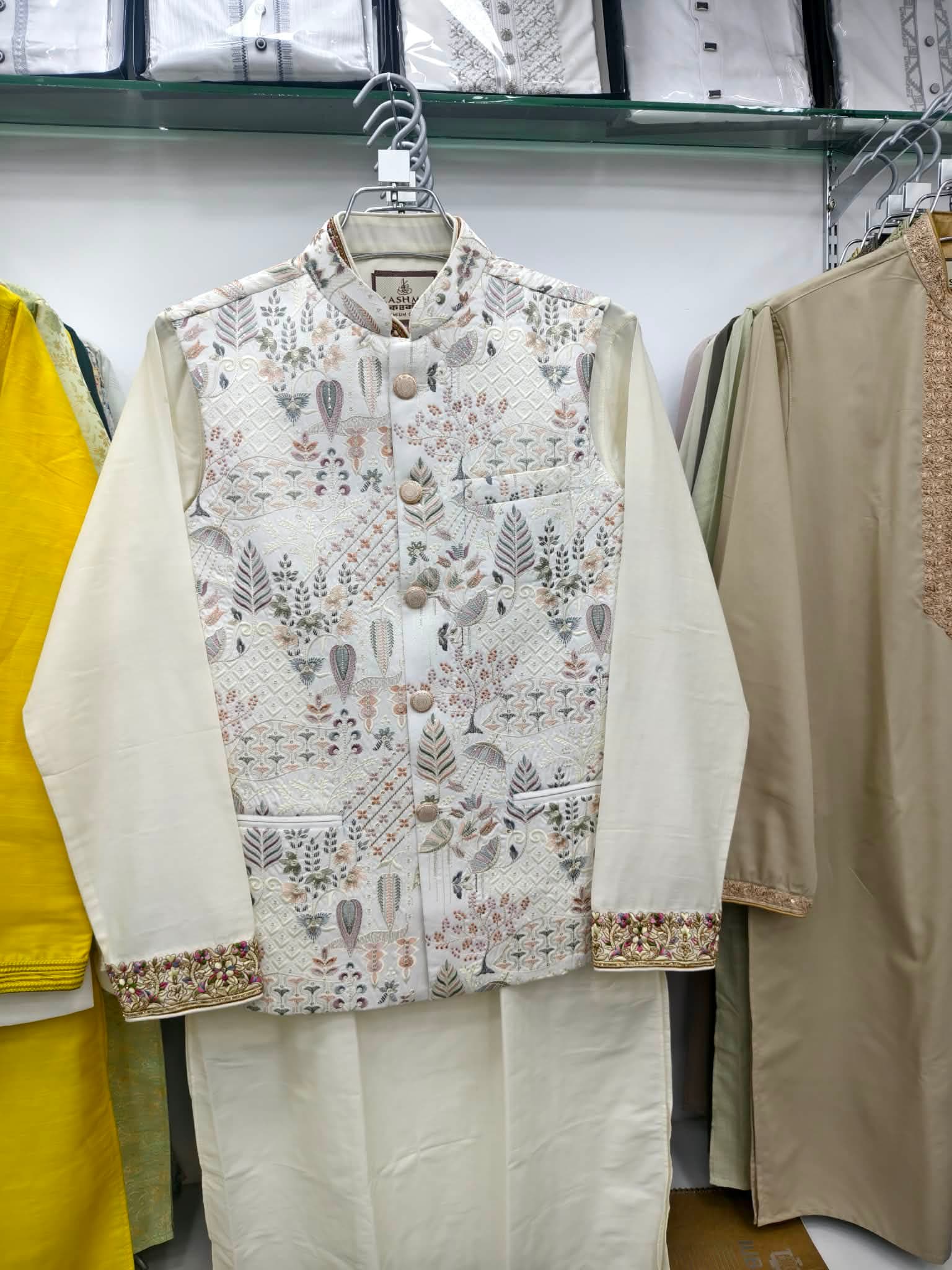 Premium Off-White Embroidered Panjabi and Koti Set with Pure Cotton Fabric thumbnail 2