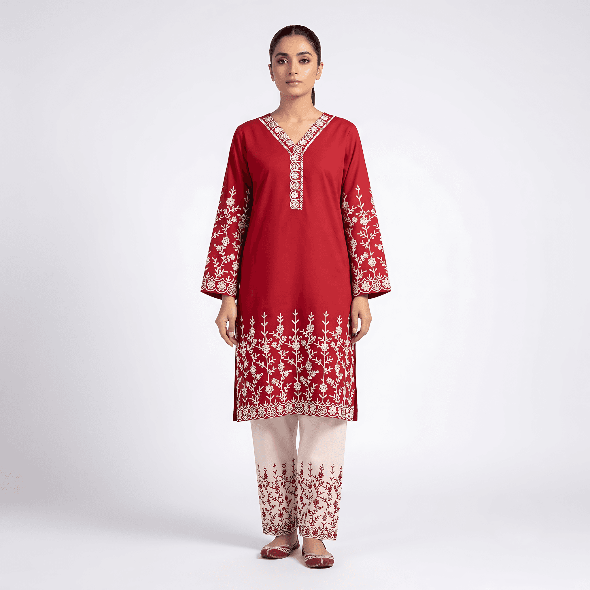 Crimson Bloom Embroidered Cotton Two Piece Set - Deep Red thumbnail 1