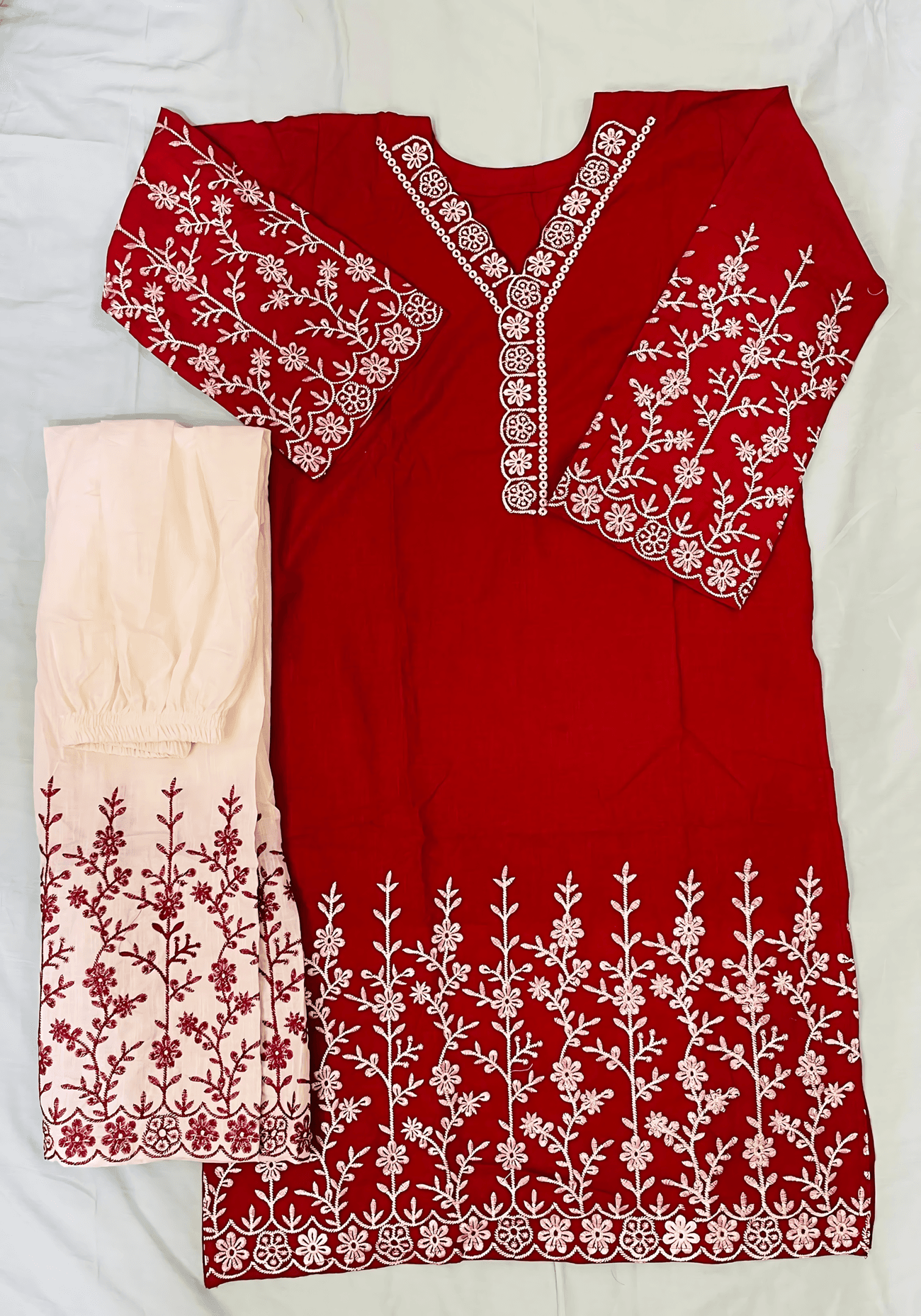 Crimson Bloom Embroidered Cotton Two Piece Set - Deep Red thumbnail 2