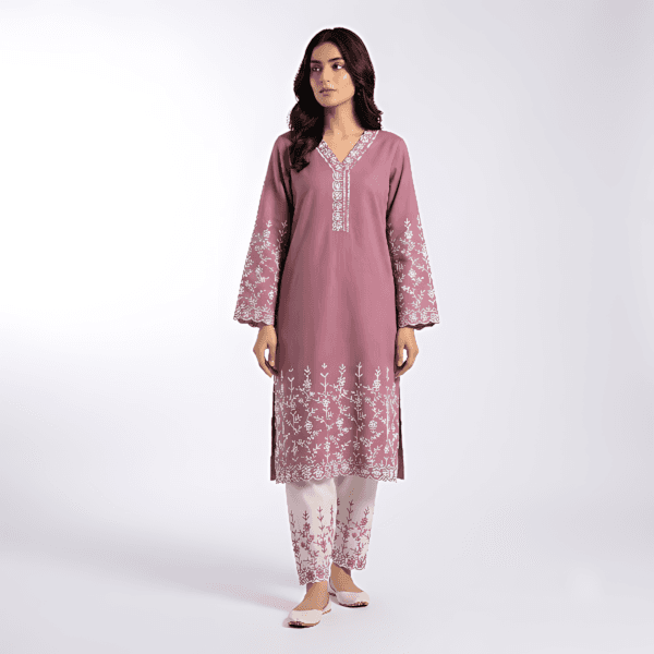 Crimson Bloom Embroidered Cotton Two Piece Set - Dark Mauve thumbnail 1