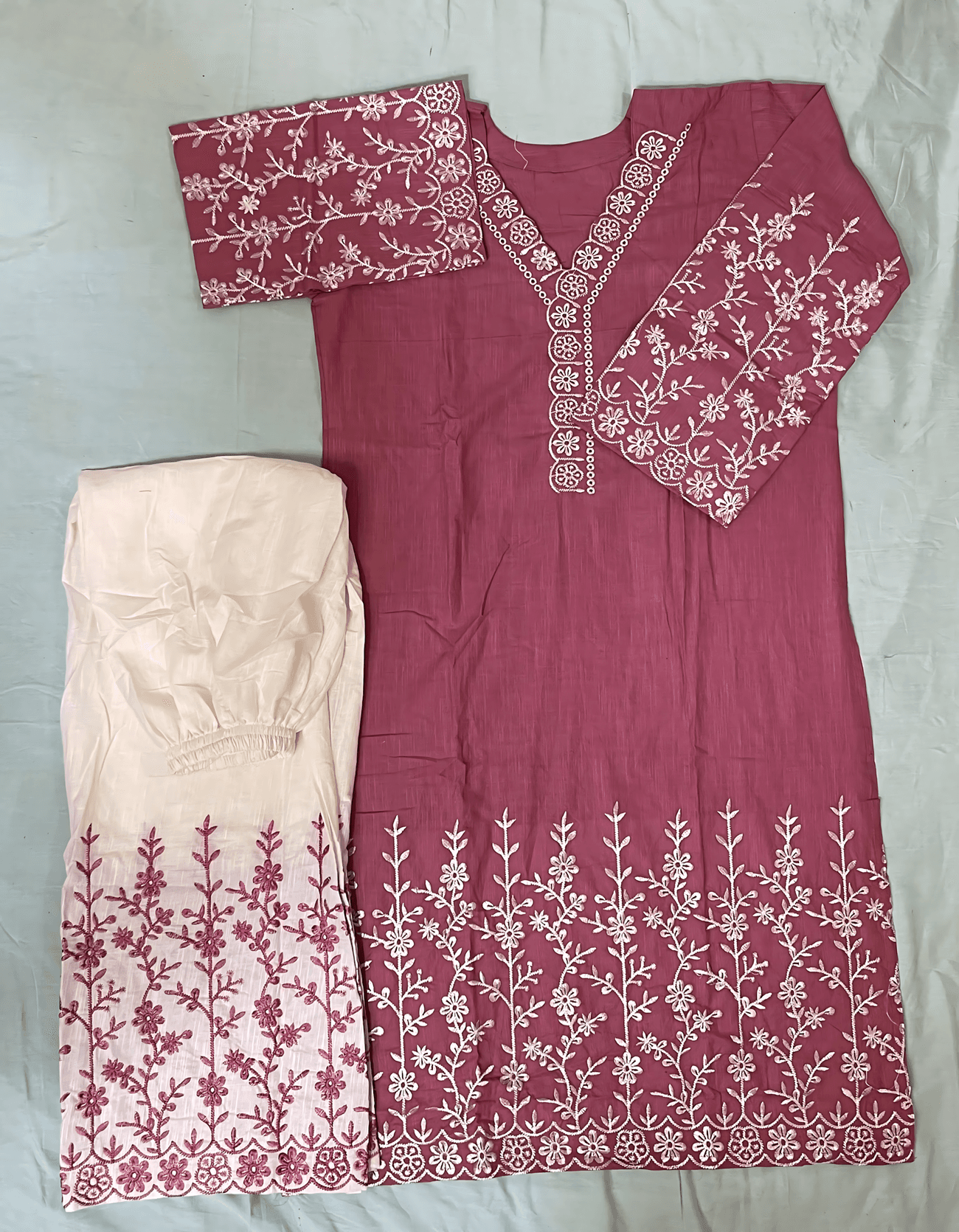 Crimson Bloom Embroidered Cotton Two Piece Set - Dark Mauve thumbnail 2