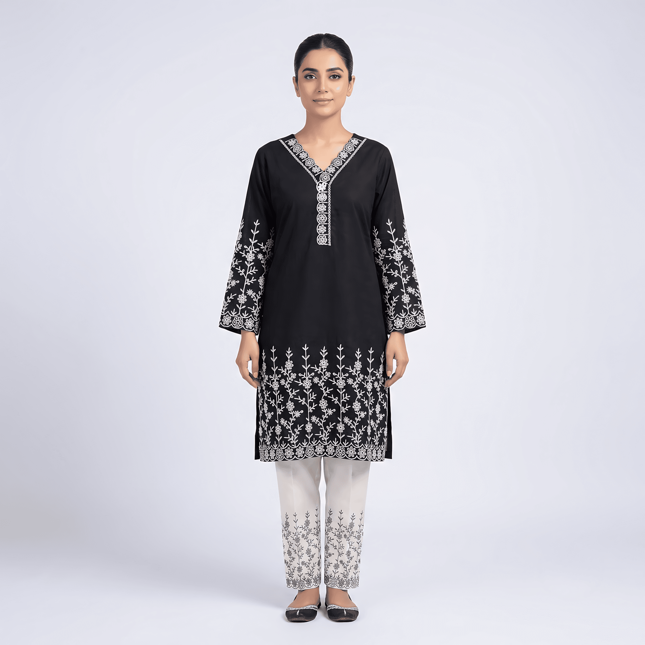 Crimson Bloom Embroidered Cotton Two Piece Set - Black thumbnail 1