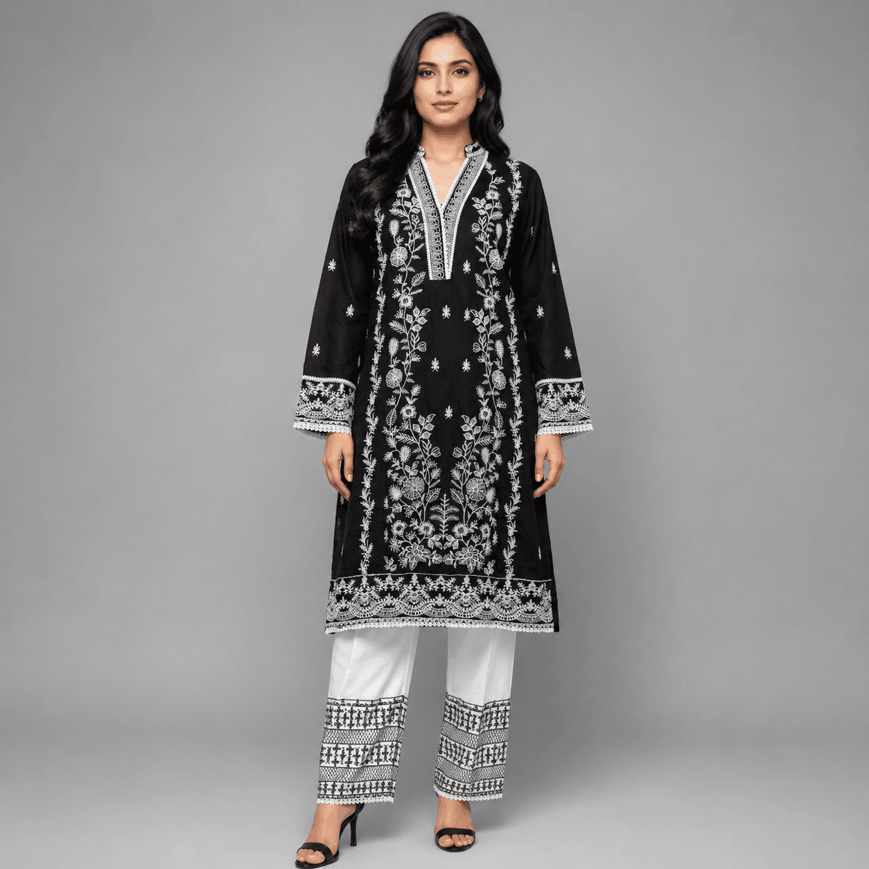 Cotton Embroidered Two Piece Set for Women - Black X White thumbnail 1
