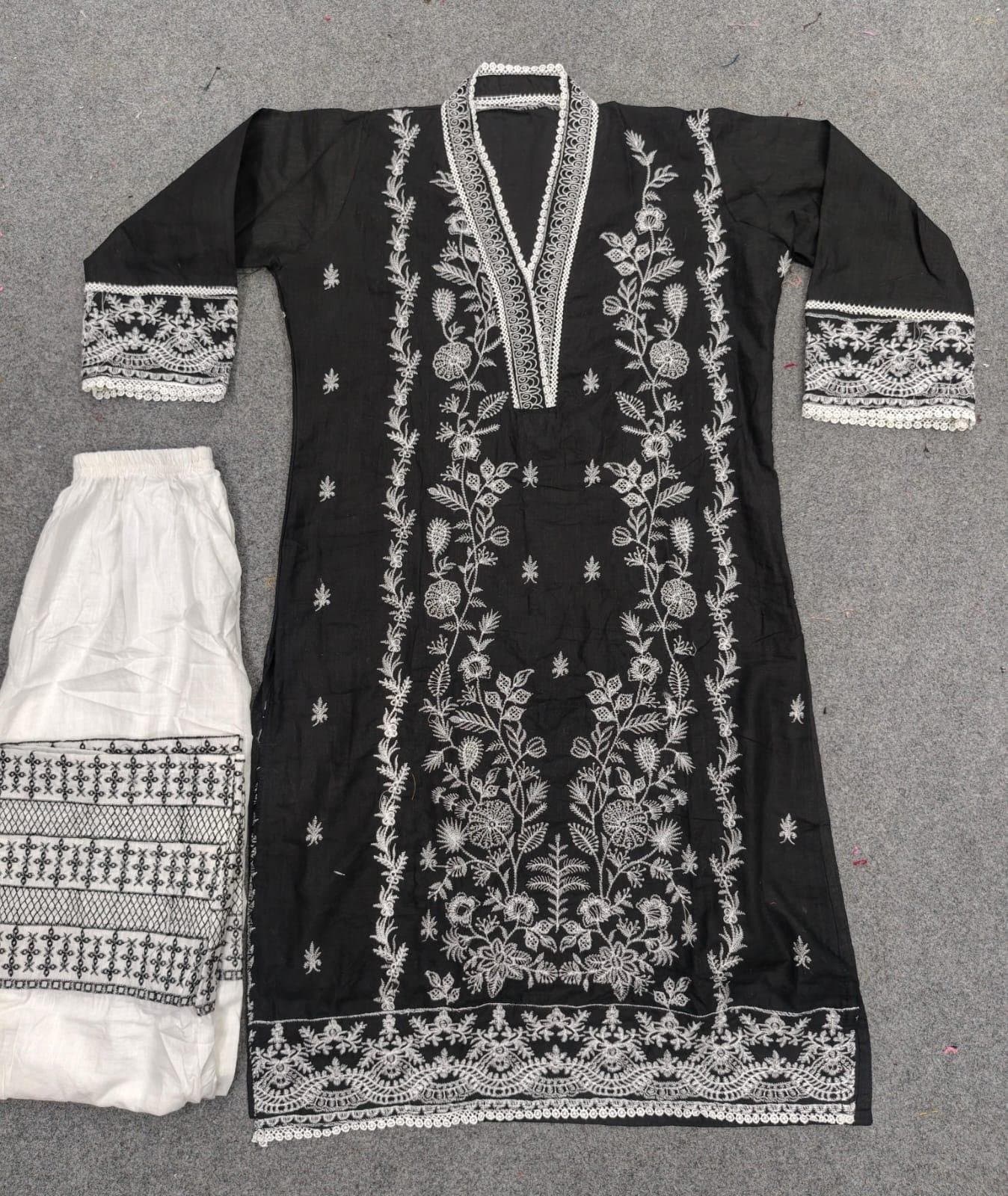 Cotton Embroidered Two Piece Set for Women - Black X White thumbnail 2