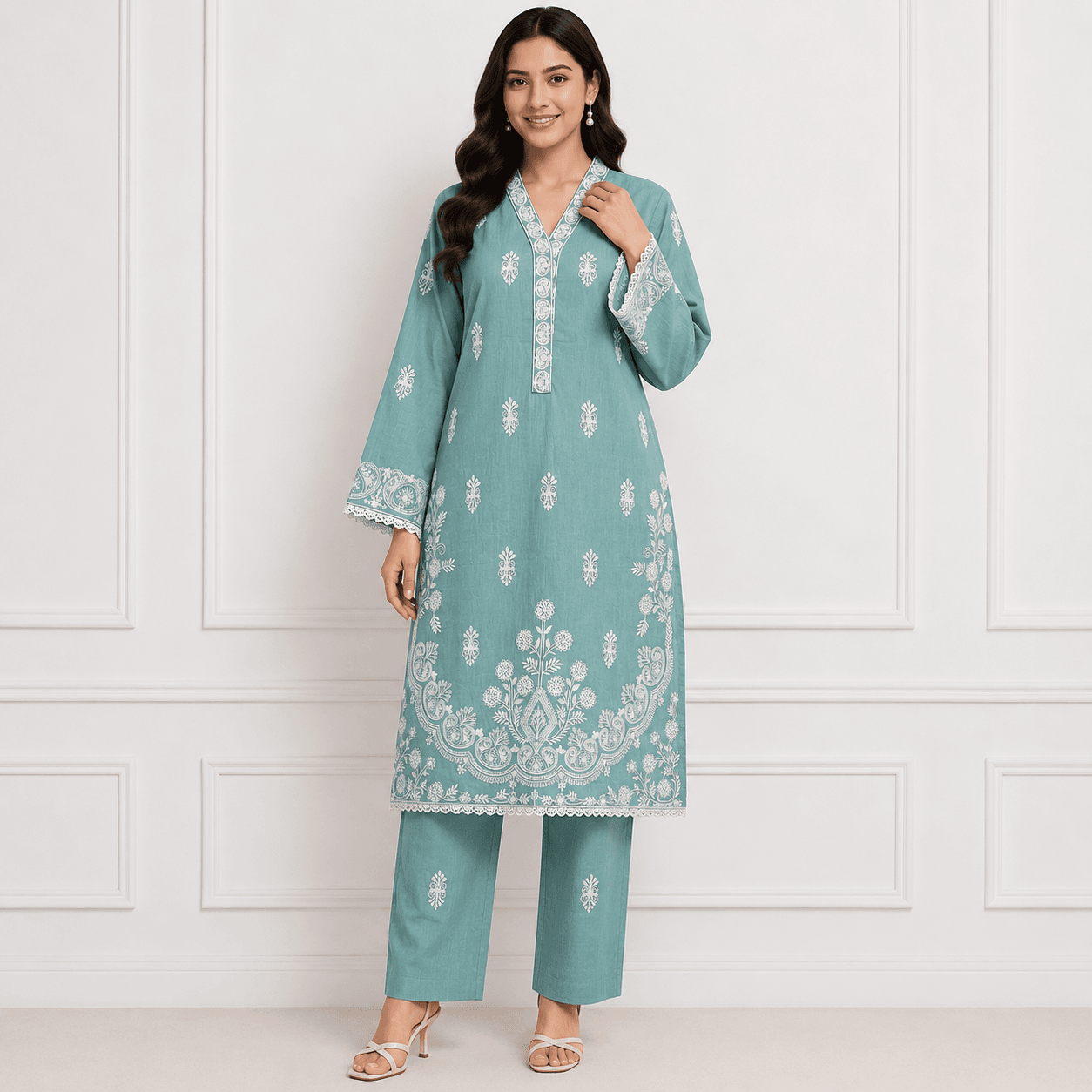 Aarong Cotton Embroidered Two Piece Set - Cascade thumbnail 1