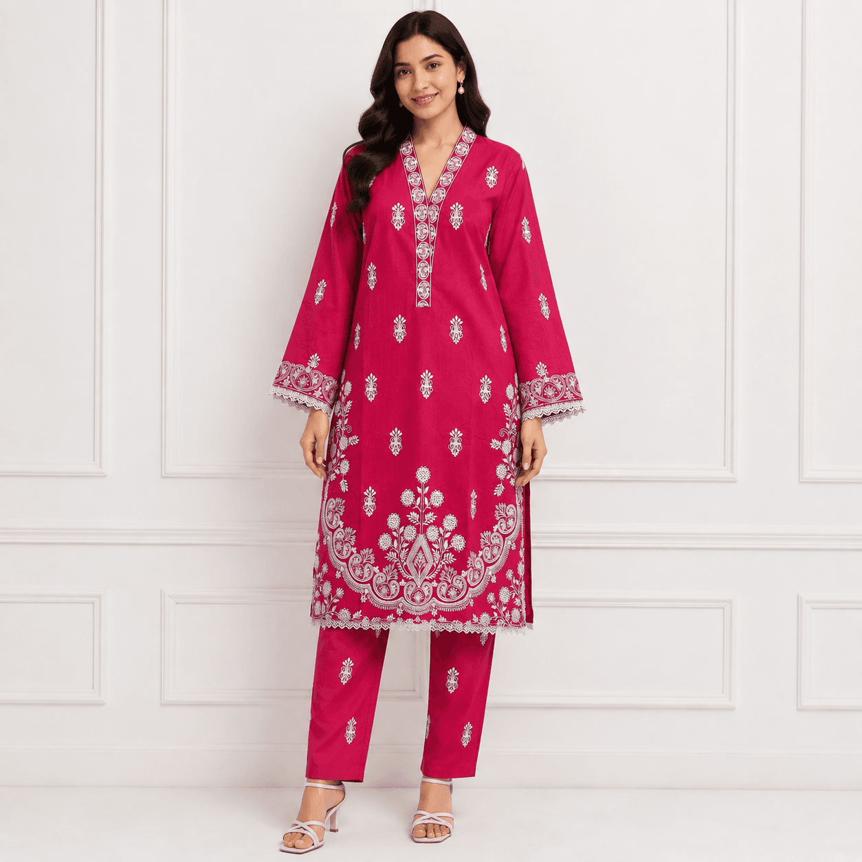 Aarong Cotton Embroidered Two Piece Set - Cherry Pink thumbnail 1