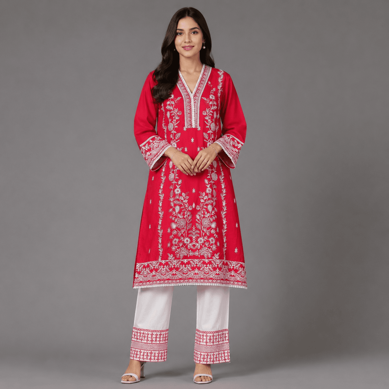 Cotton Embroidered Two Piece Set for Women - Red