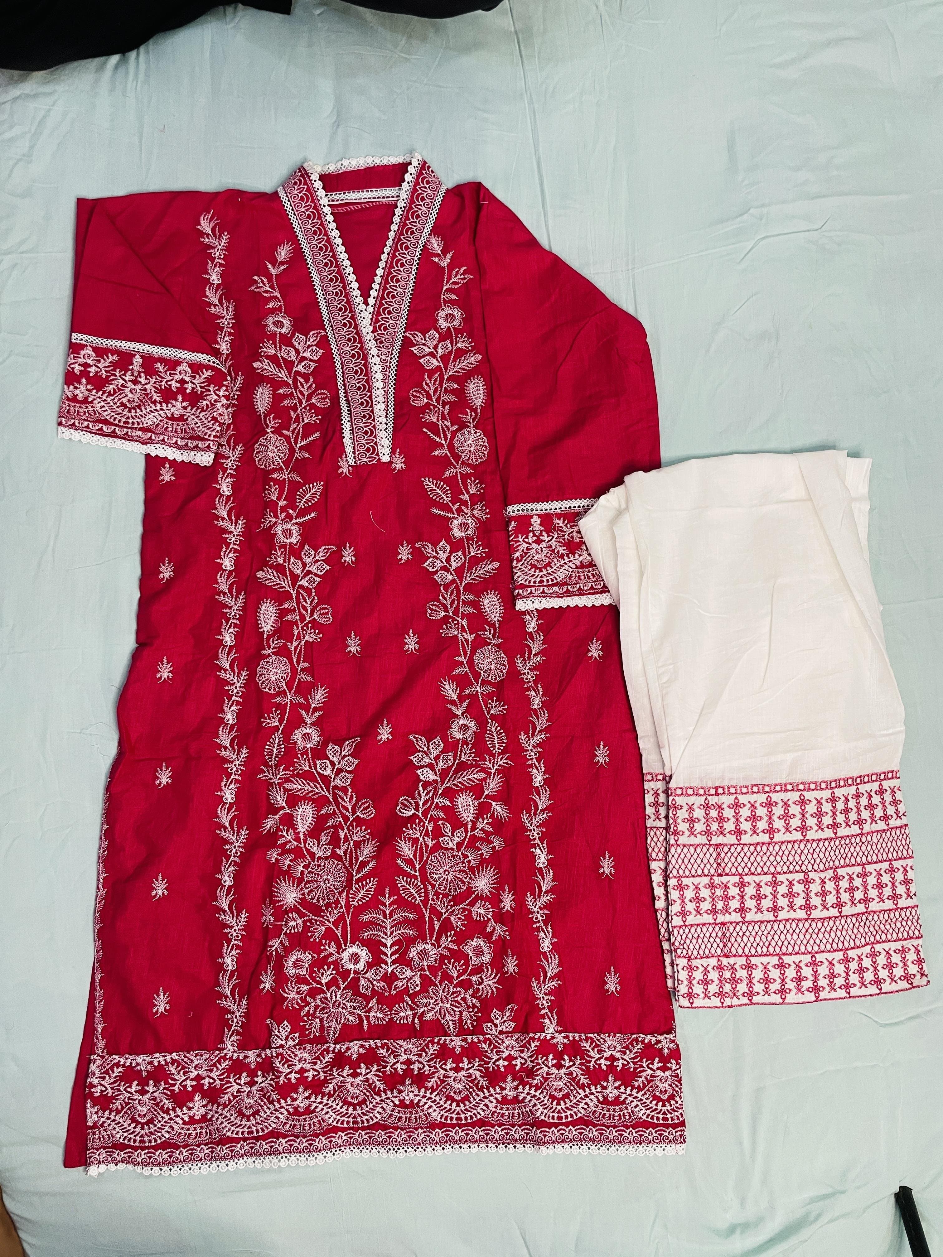 Cotton Embroidered Two Piece Set for Women - Red thumbnail 2
