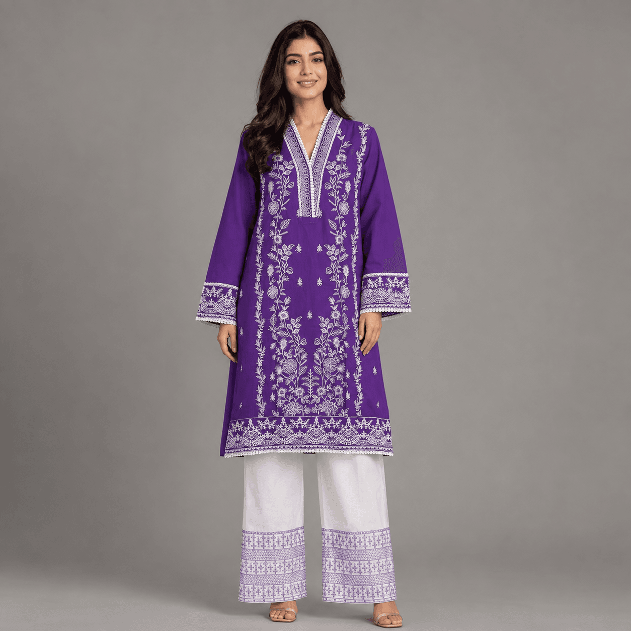 Cotton Embroidered Two Piece Set for Women - Grape Purple