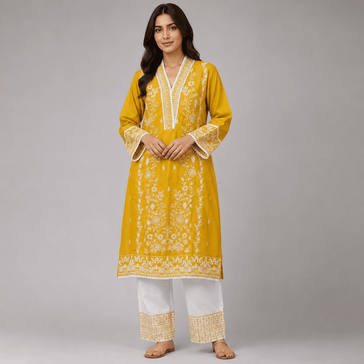 Cotton Embroidered Two Piece Set for Women - Burnt Yellow