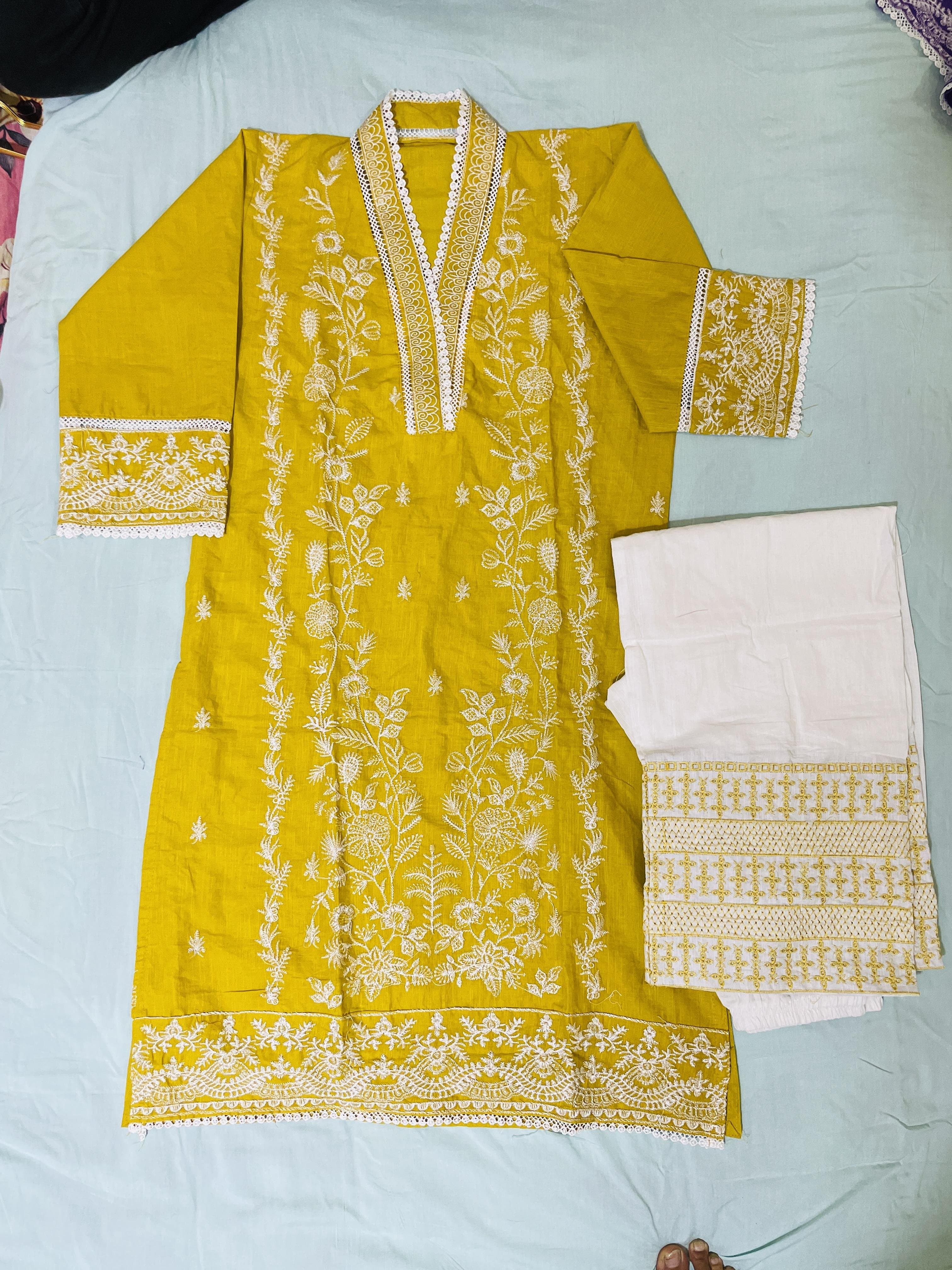 Cotton Embroidered Two Piece Set for Women - Burnt Yellow thumbnail 2
