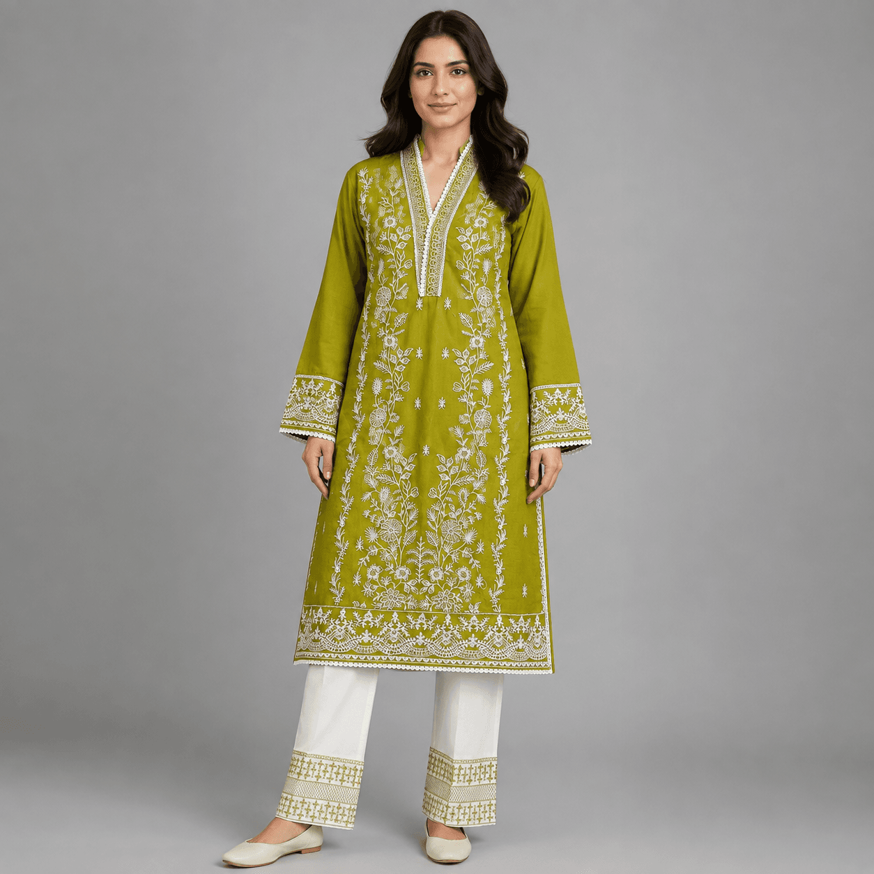 Cotton Embroidered Two Piece Set for Women - Olive