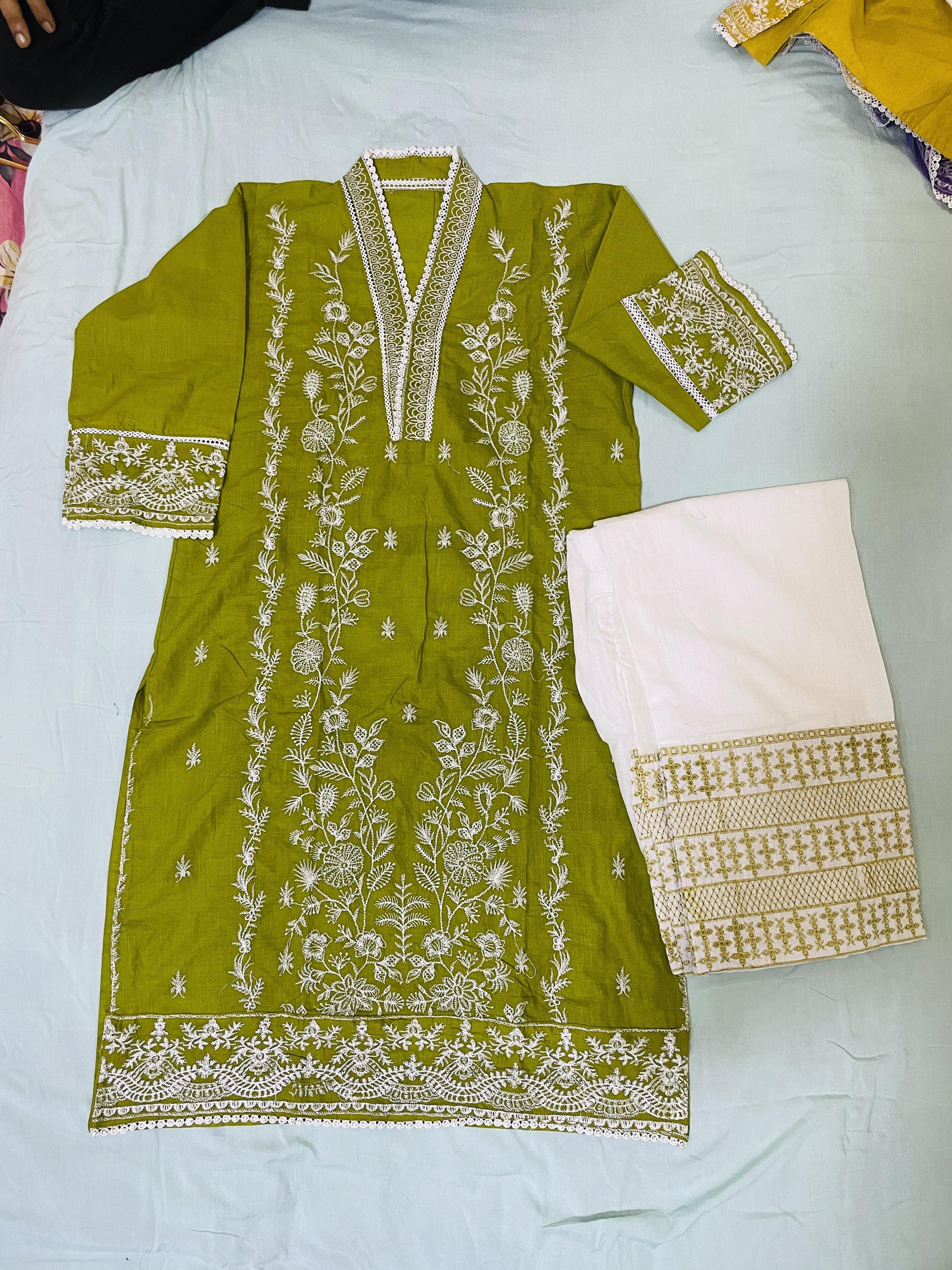 Cotton Embroidered Two Piece Set for Women - Olive thumbnail 2