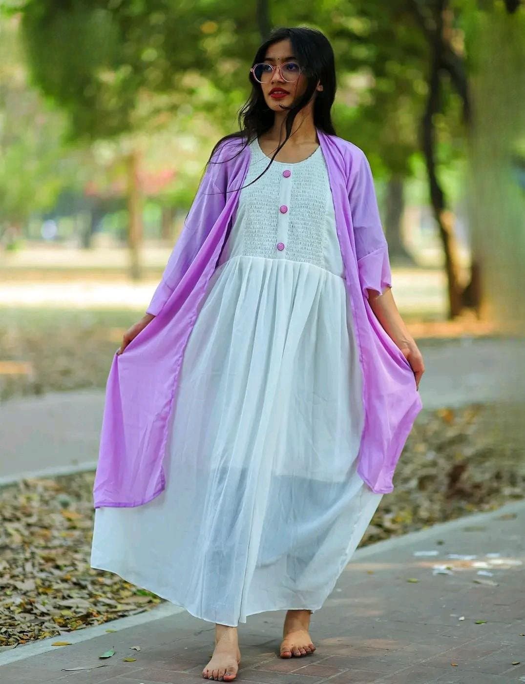Elegant White Grown With Soft Lavender Shrug for Women