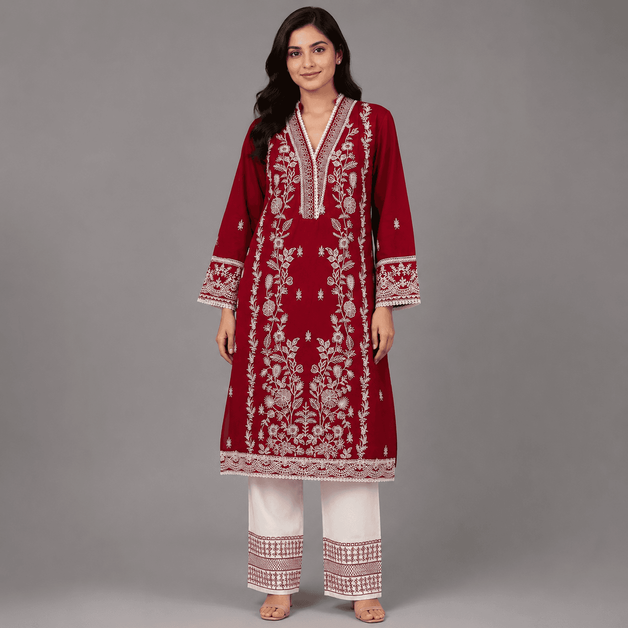 Cotton Embroidered Two Piece Set for Women - Claret