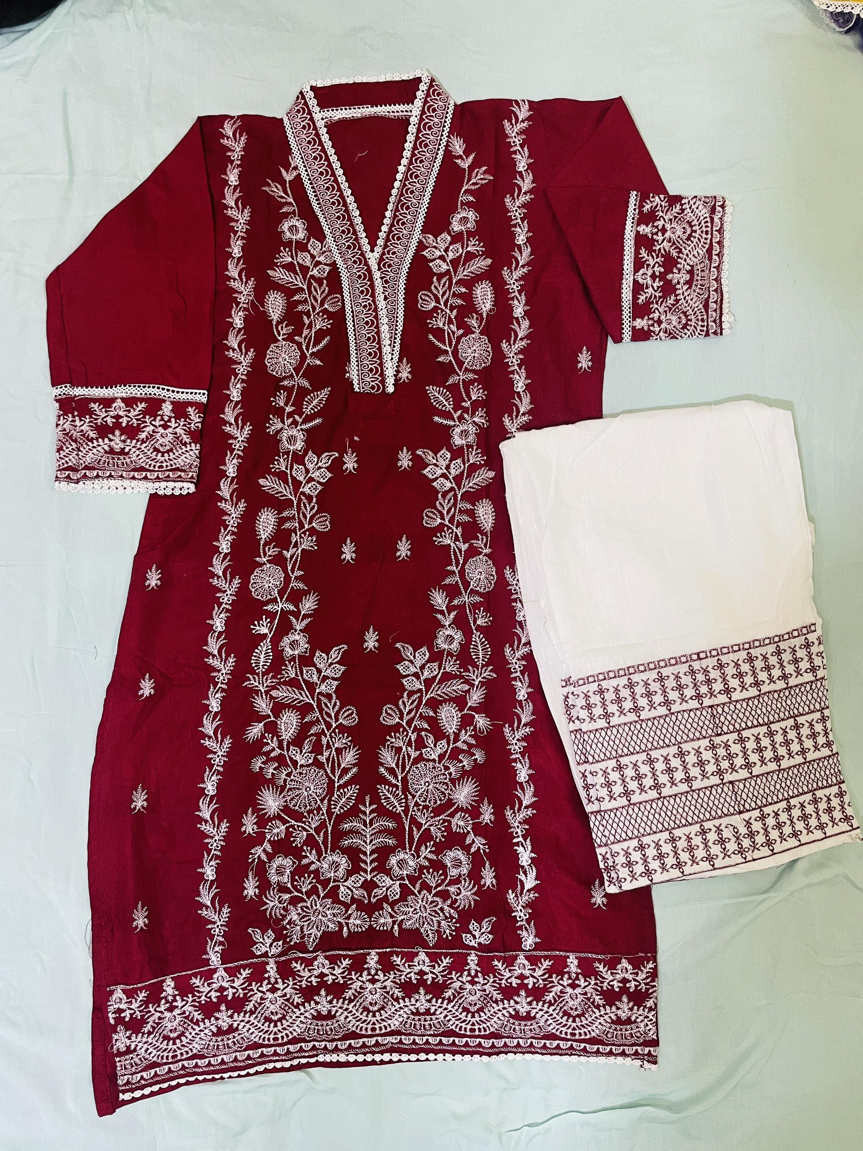 Cotton Embroidered Two Piece Set for Women - Claret thumbnail 2