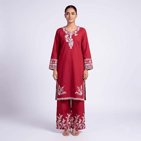 Embroidered Cotton Two Piece Set - Red