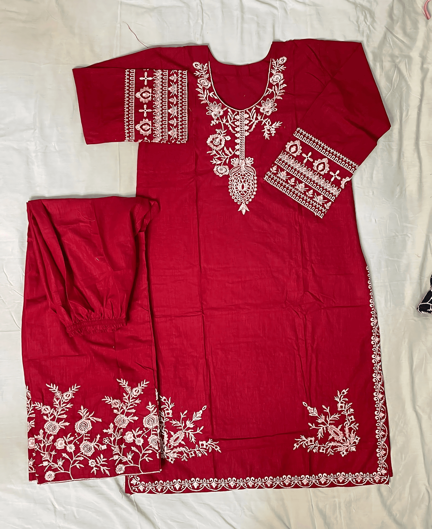 Embroidered Cotton Two Piece Set - Red thumbnail 2