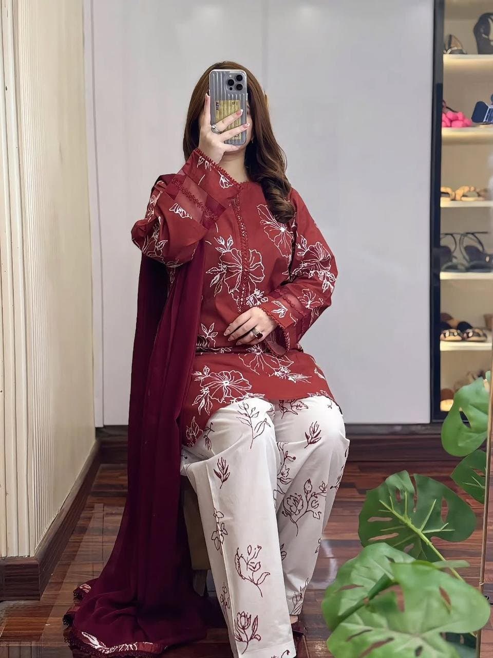 Cotton Three piece dress with skin Print thumbnail 1