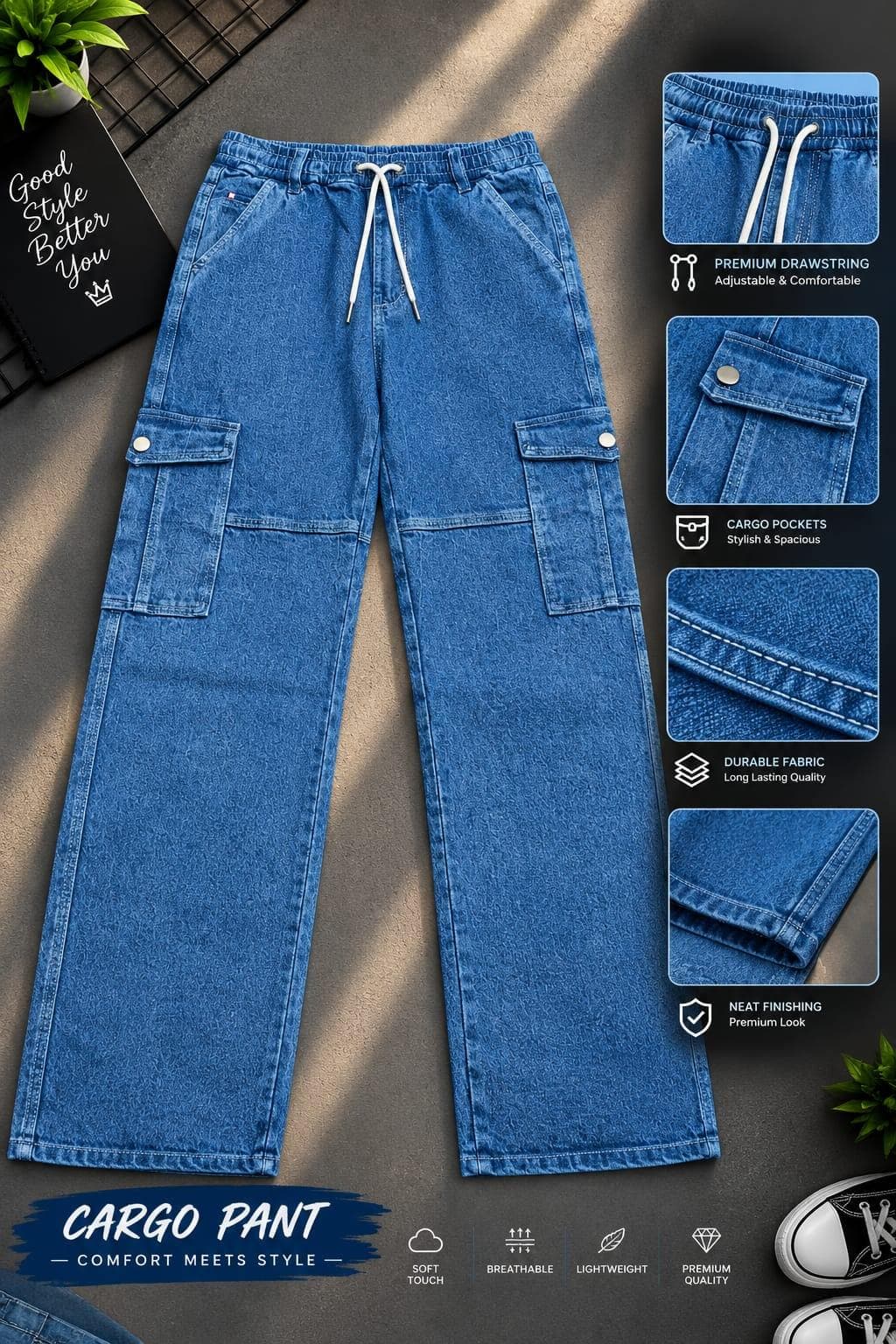 6 Pocket Cargo Denim Baggy Pant