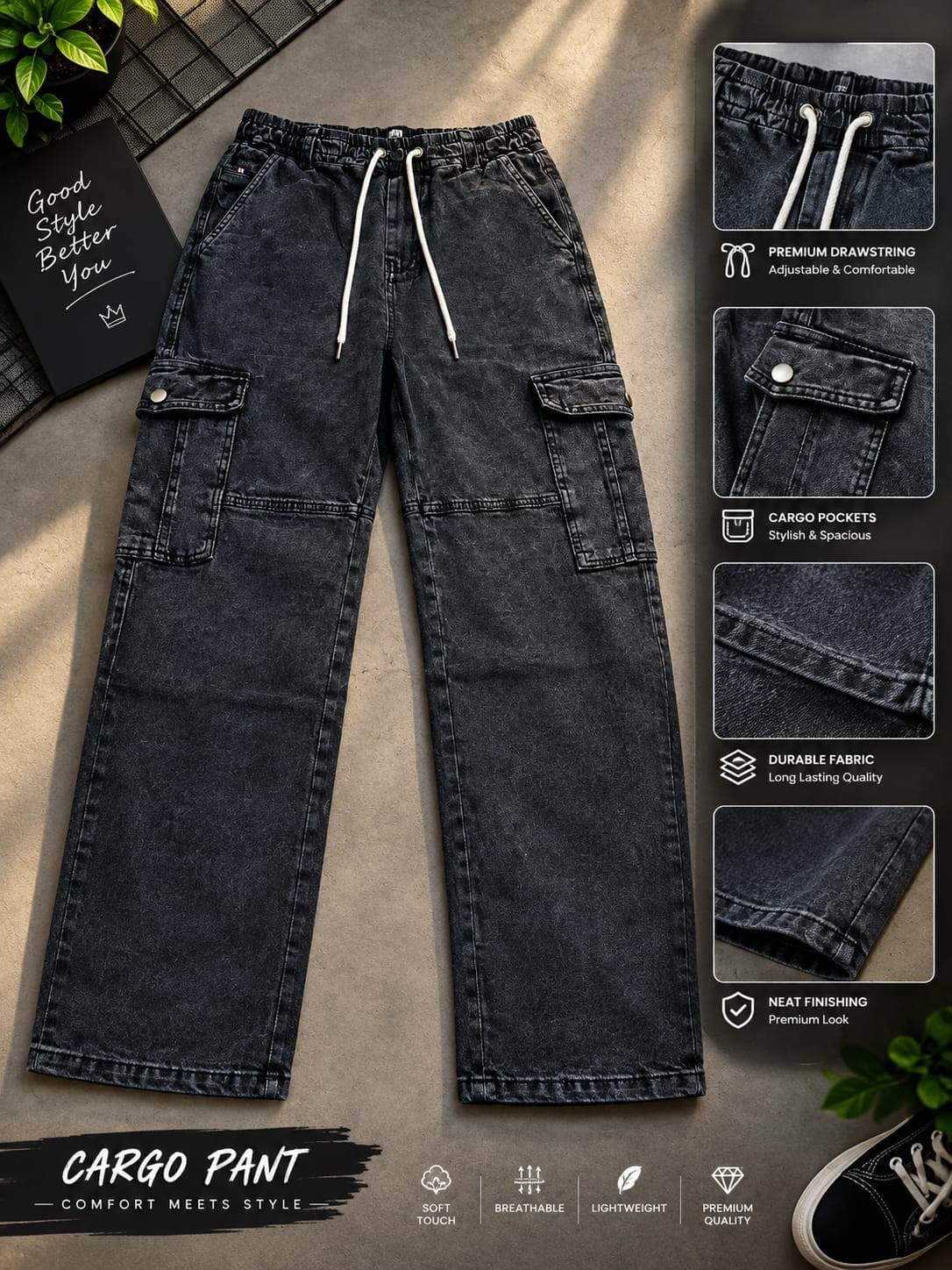 6 Pocket Cargo Denim Baggy Pant thumbnail 1