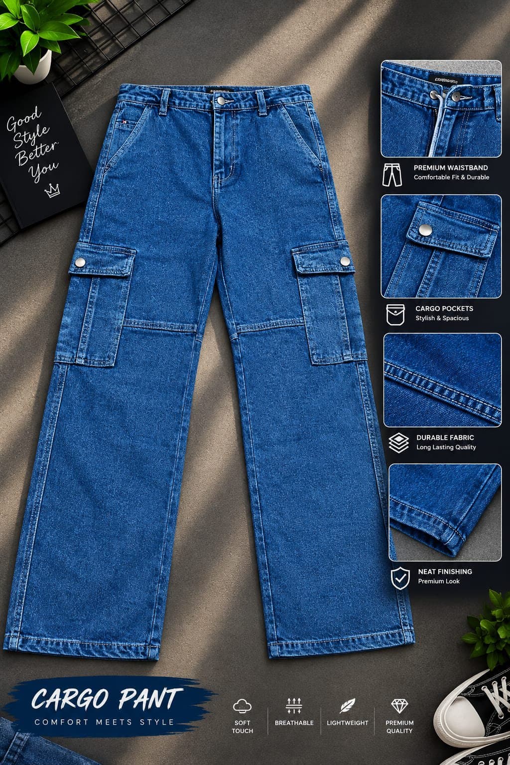 6 Pocket Cargo Denim Baggy Pant thumbnail 2