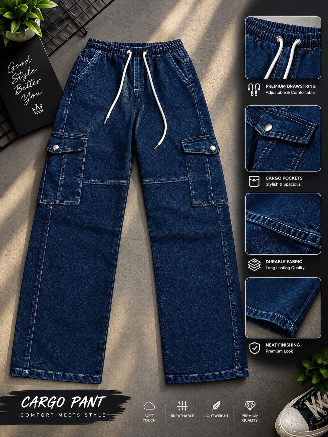 6 Pocket Cargo Denim Baggy Pant thumbnail 3