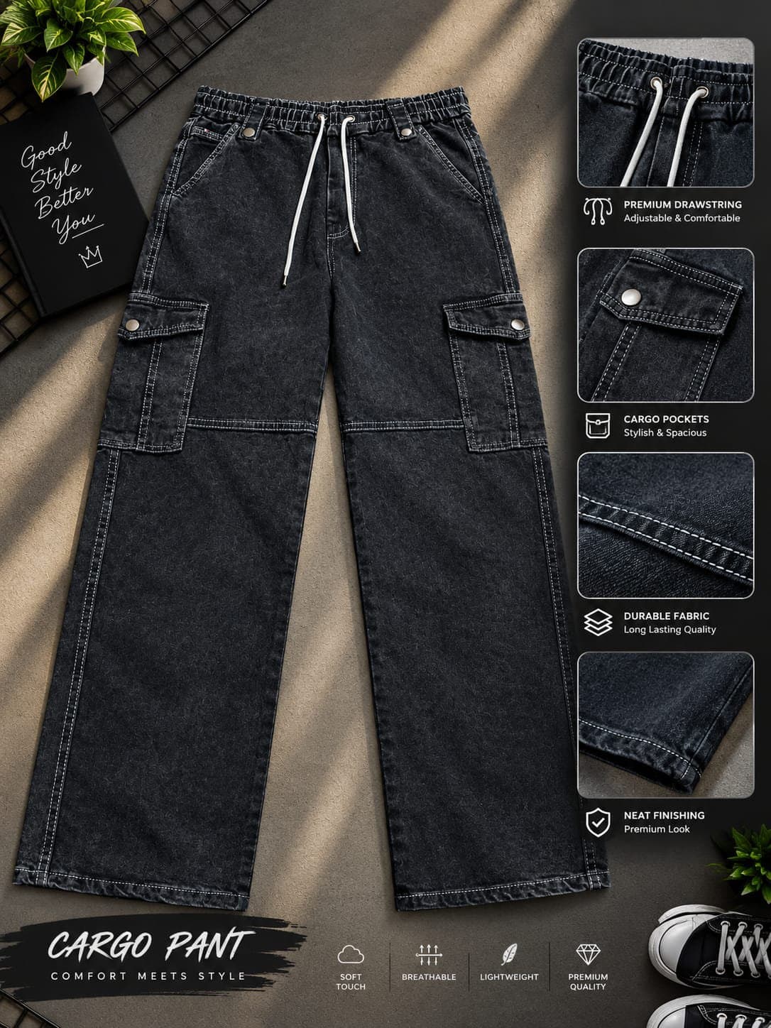 6 Pocket Cargo Denim Baggy Pant thumbnail 4