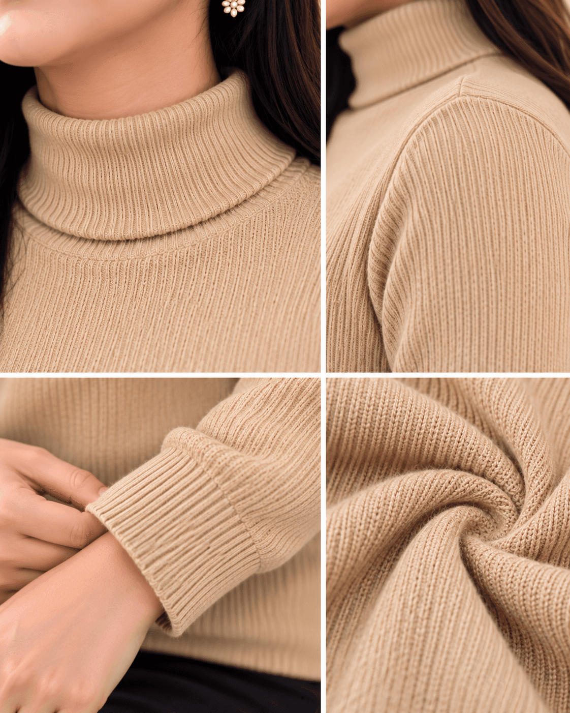 Women’s Beige Ribbed Turtleneck Sweater thumbnail 5