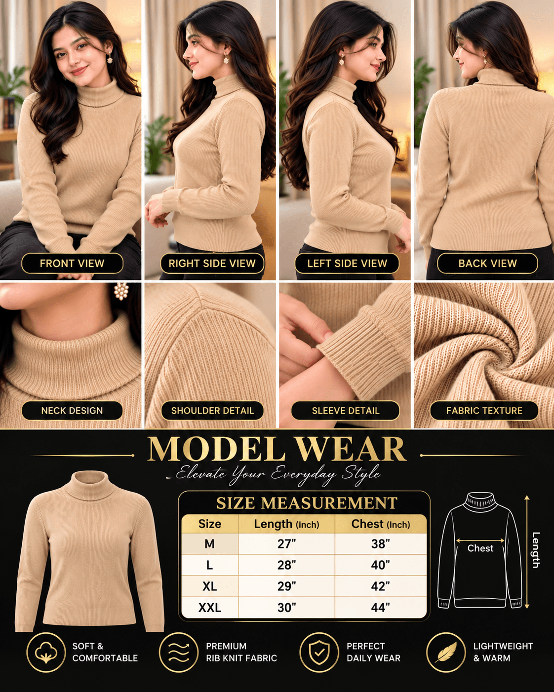 Women’s Beige Ribbed Turtleneck Sweater thumbnail 6