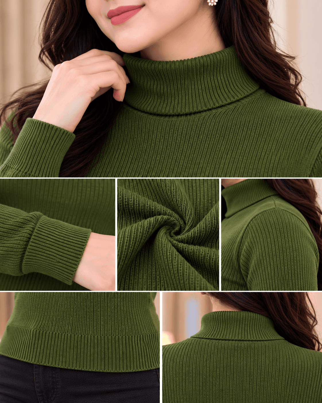 Women’s Olive Green Ribbed Turtleneck Sweater thumbnail 5