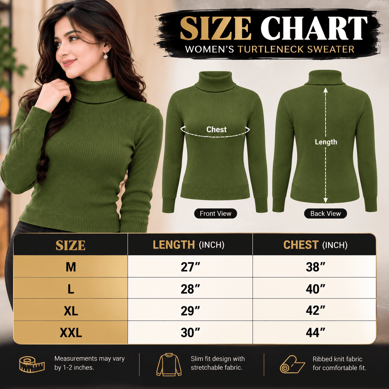 Women’s Olive Green Ribbed Turtleneck Sweater thumbnail 6