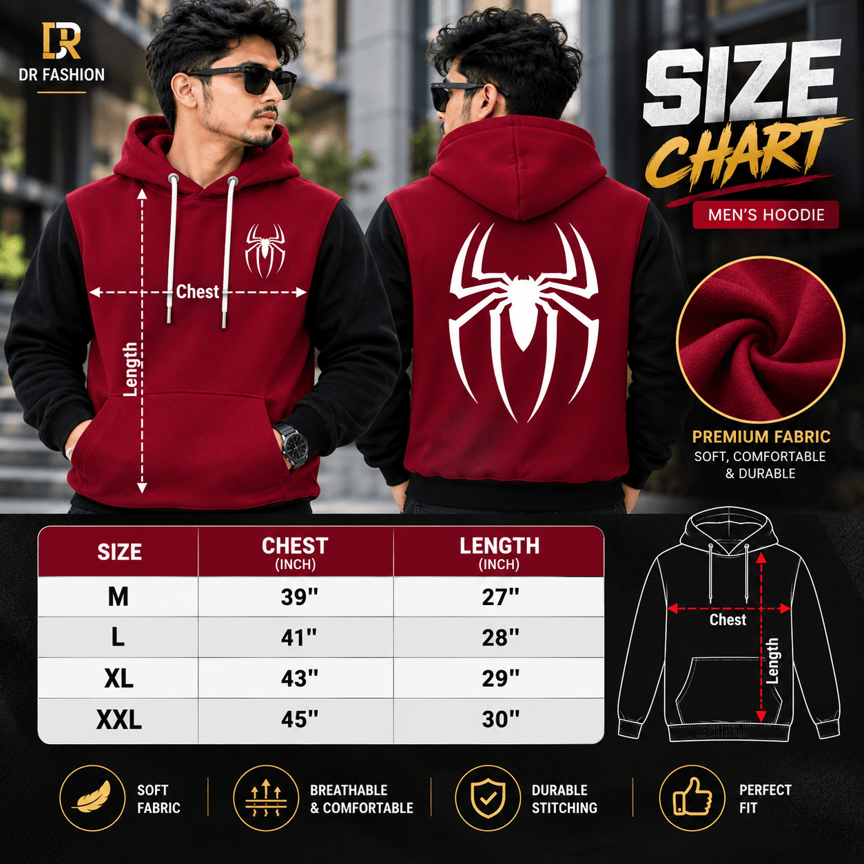 Premium Spider Hoodie for Men – Maroon & Black | DR Fashion thumbnail 6