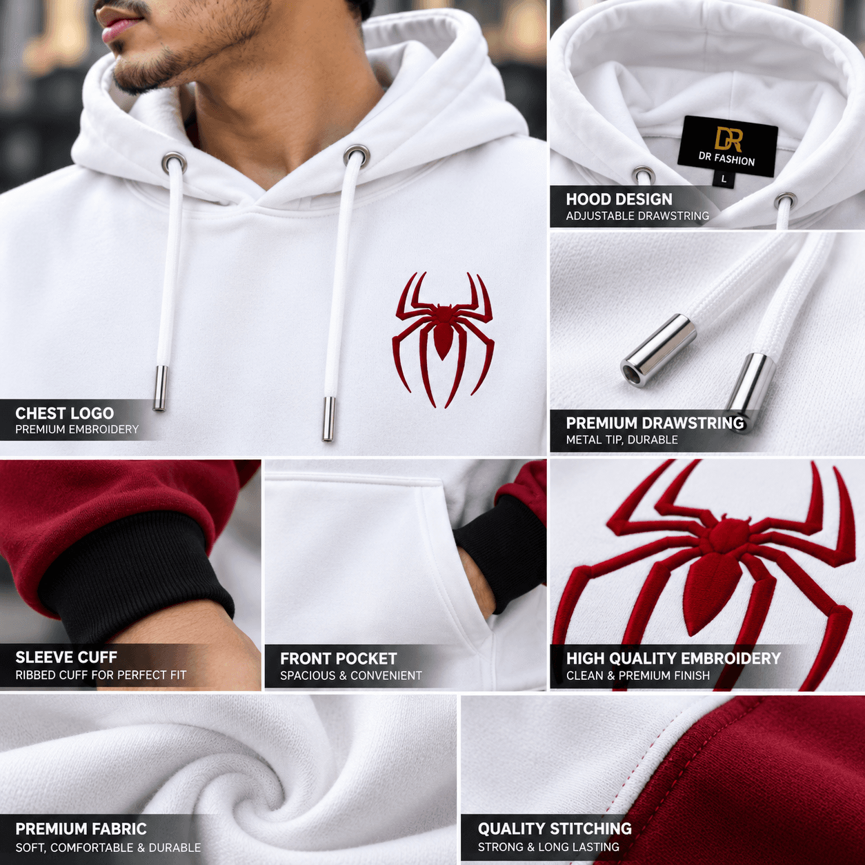 White & Maroon Spider Hoodie for Men – DR Fashion thumbnail 5