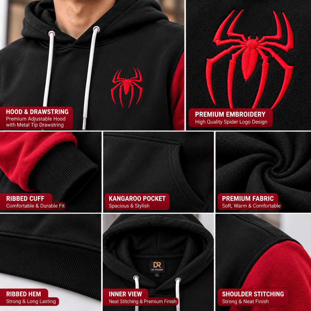 Black & Red Spider Hoodie for Men – DR Fashion thumbnail 5