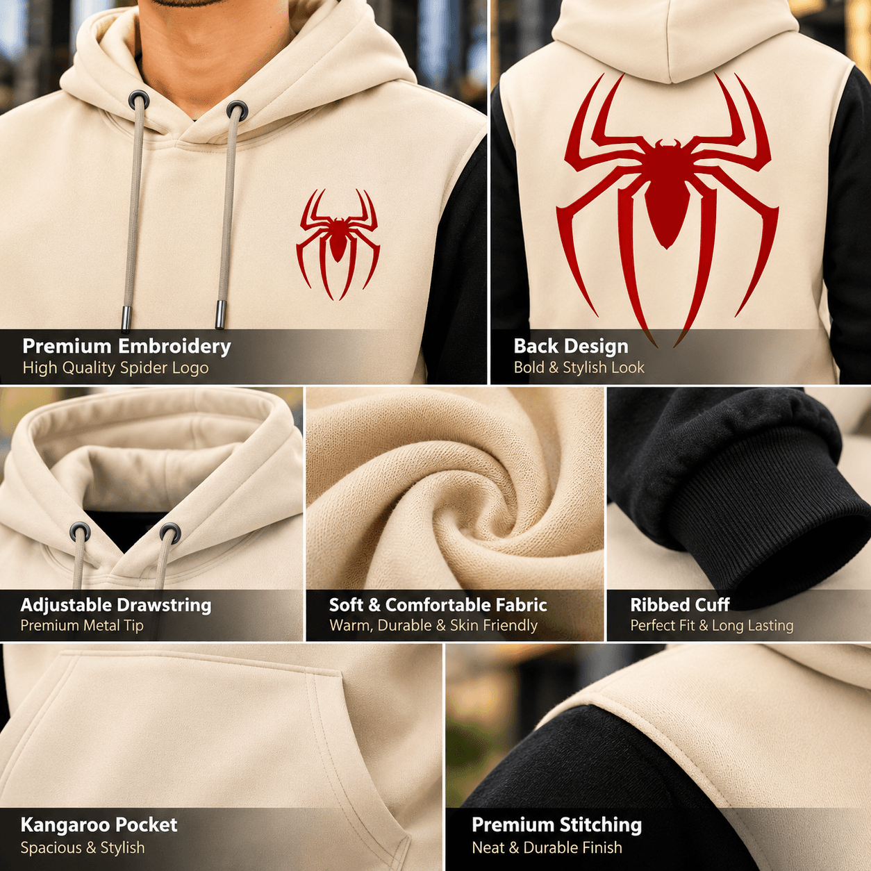 Cream & Black Spider Hoodie for Men – DR Fashion thumbnail 5