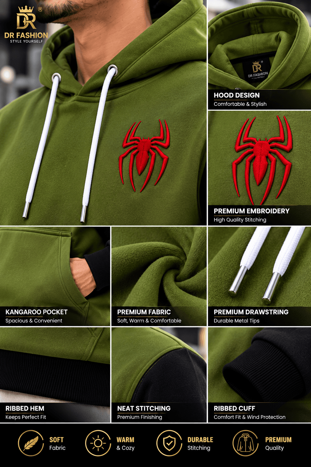 Olive Green & Black Spider Hoodie for Men – DR Fashion thumbnail 5