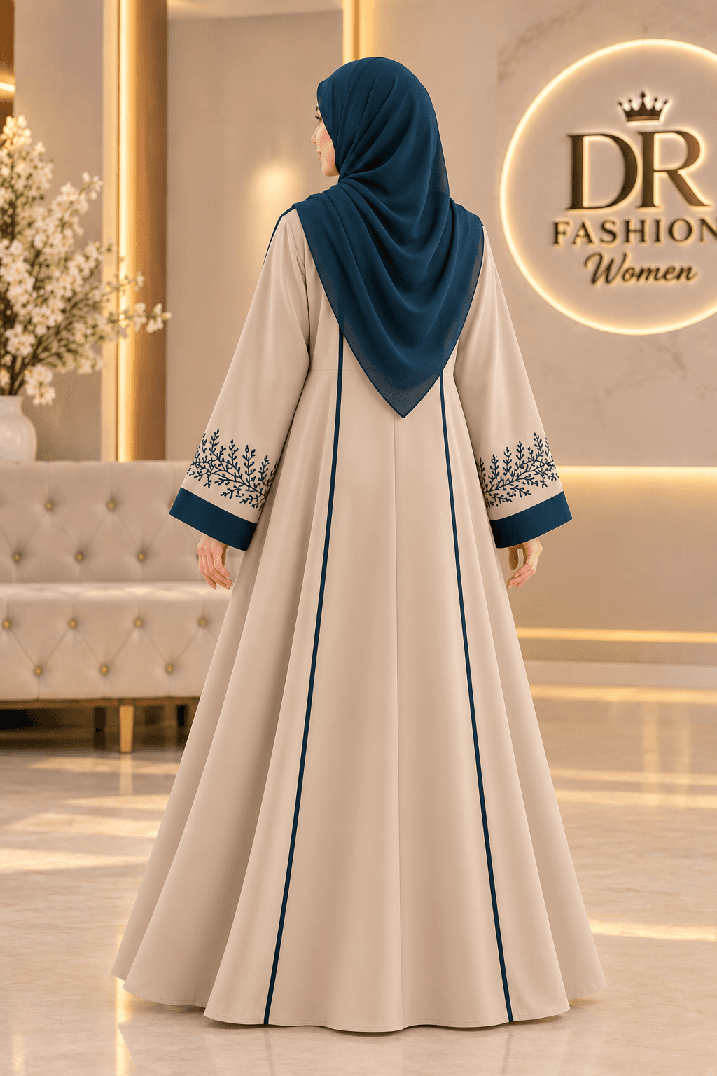Turkish Embroidery Borkha with Hijab – Beige & Teal | DR Fashion Women thumbnail 2