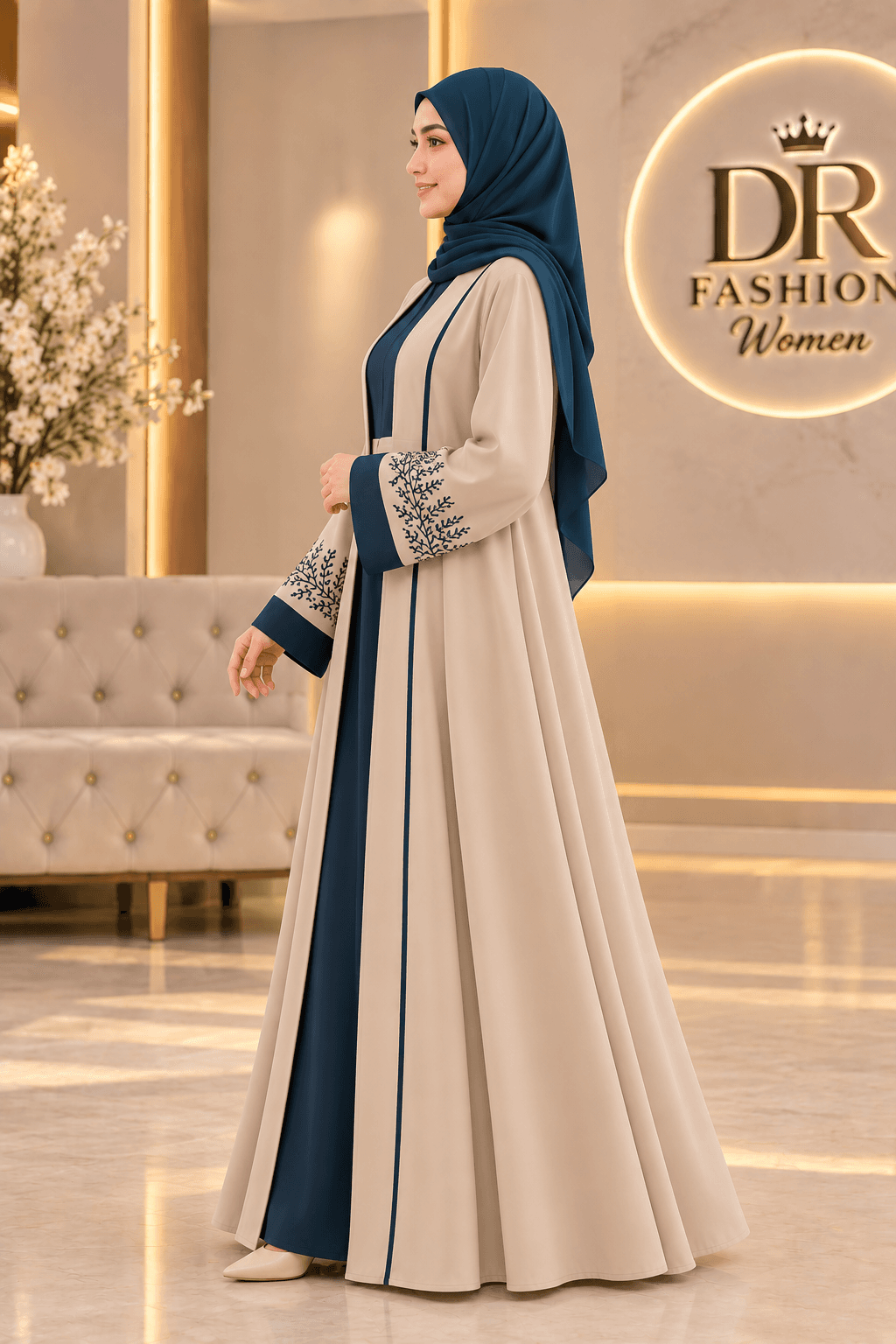 Turkish Embroidery Borkha with Hijab – Beige & Teal | DR Fashion Women thumbnail 3