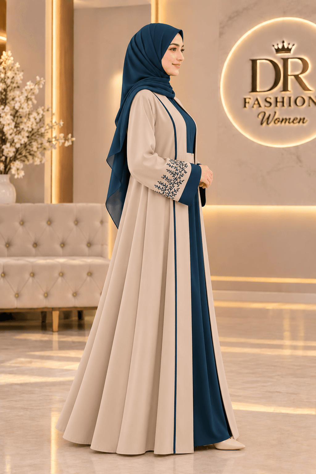 Turkish Embroidery Borkha with Hijab – Beige & Teal | DR Fashion Women thumbnail 4