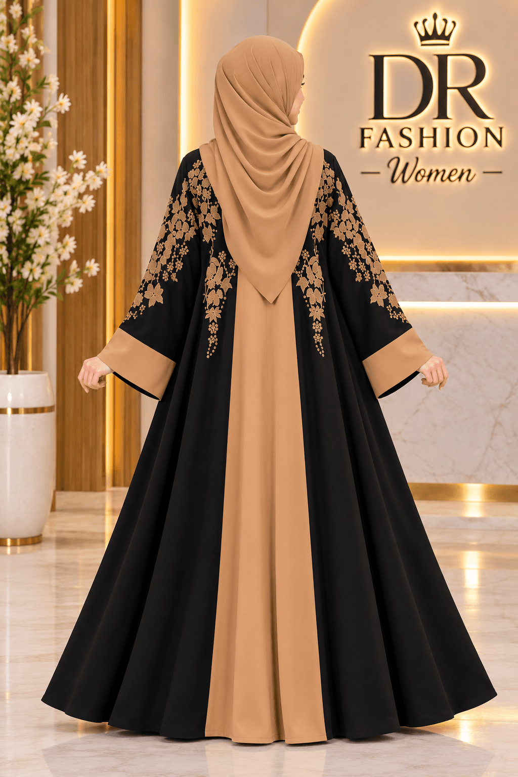 Black & Camel Turkish Embroidery Borkha with Hijab – DR Fashion Women thumbnail 2