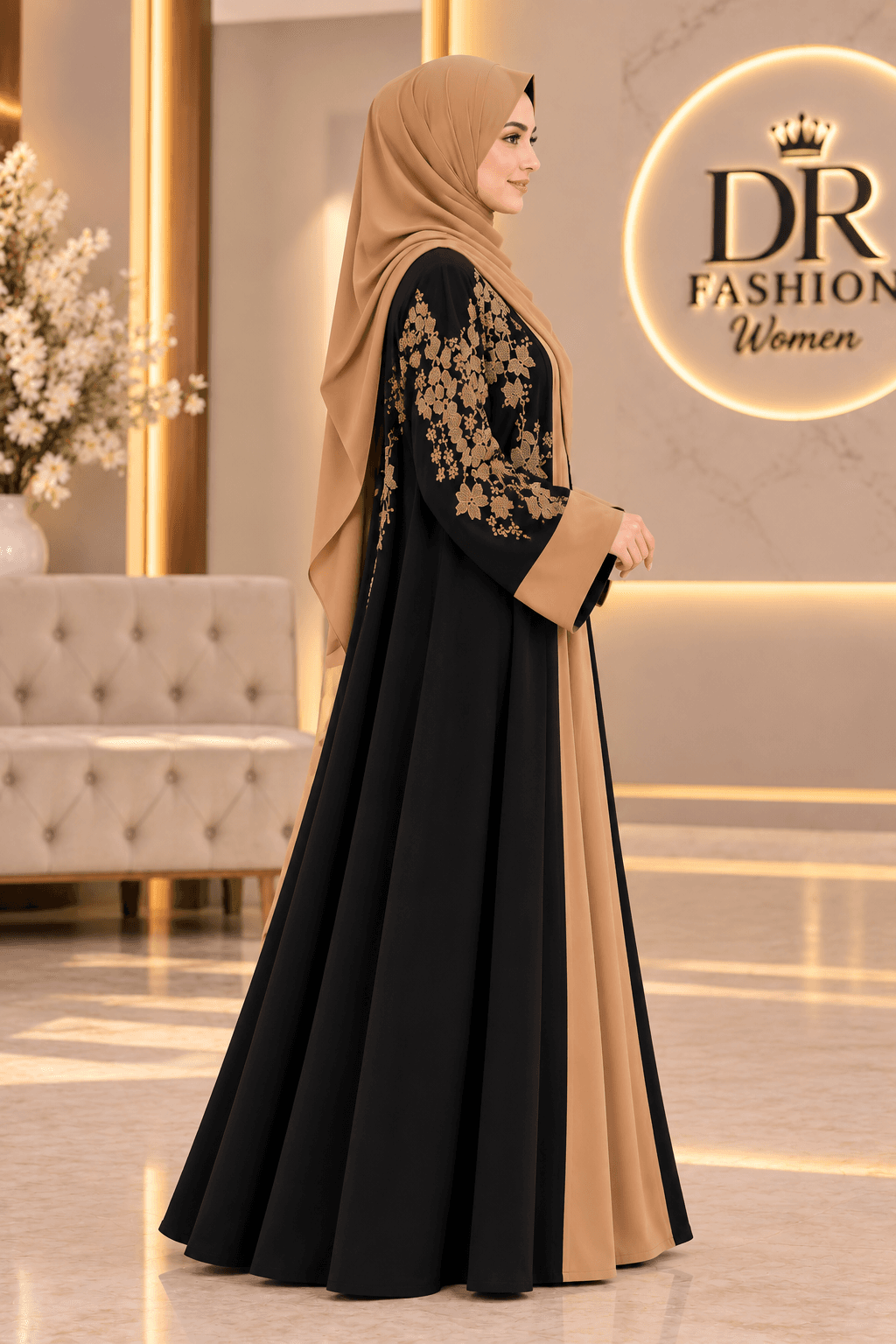 Black & Camel Turkish Embroidery Borkha with Hijab – DR Fashion Women thumbnail 3