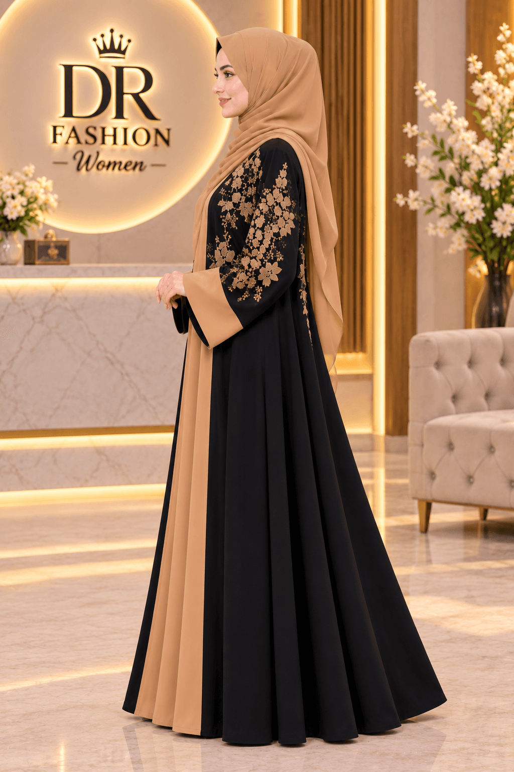 Black & Camel Turkish Embroidery Borkha with Hijab – DR Fashion Women thumbnail 4